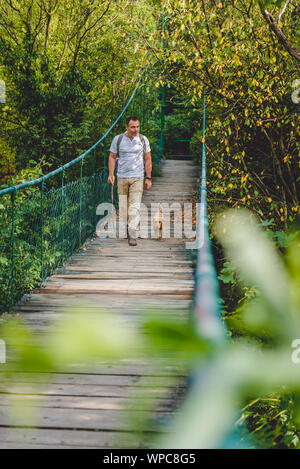 Hiker with small yellow dog walking over wooden suspension bridge in the forest Stock Photo