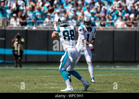 Charlotte, North Carolina, USA. 8th Sep, 2019. Los Angeles Rams tight end  Tyler Higbee (89) scores a touchdown at Bank of America Stadium in  Charlotte, NC. Los Angeles Rams go on to