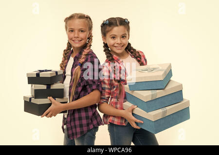 Kids Little Girls With Braids Hairstyle Hold Piles Gift Boxes