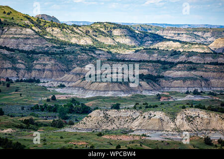 A panoramic view from the Painted Canyon Overlook in the South Unit of Theodore Roosevelt National Park near Medora, North Dakota. Stock Photo