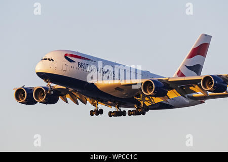 Richmond, British Columbia, Canada. 4th Sep, 2019. A British Airways Airbus A380-800 (G-XLEB) jet airliner airborne on short final approach for landing. Credit: Bayne Stanley/ZUMA Wire/Alamy Live News Stock Photo