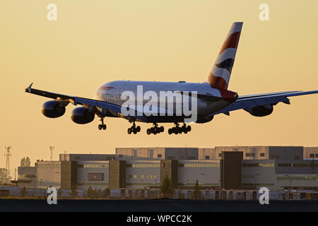 Richmond, British Columbia, Canada. 4th Sep, 2019. A British Airways Airbus A380-800 (G-XLEB) jet airliner lands at sunset, Vancouver International Airport, Canada. Credit: Bayne Stanley/ZUMA Wire/Alamy Live News Stock Photo