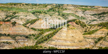 A panoramic view from the Painted Canyon Overlook in the South Unit of Theodore Roosevelt National Park near Medora, North Dakota. Stock Photo