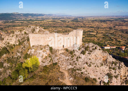 Aerial view of ancient ruins of Poza de la Sal castle in Burgos, Castile and Leon, Spain . Stock Photo