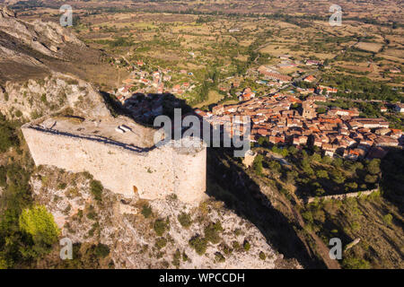 Aerial view of ancient ruins of Poza de la Sal castle in Burgos, Castile and Leon, Spain . Stock Photo