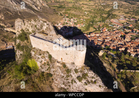 Aerial view of ancient ruins of Poza de la Sal castle in Burgos, Castile and Leon, Spain . Stock Photo