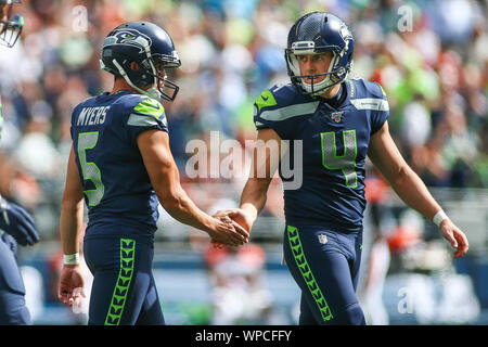 Seattle, WA, USA. 8th Sep, 2019. Seattle Seahawks punter Michael Dickson (4) and Seattle Seahawks kicker Jason Myers (5) high five after a made PAT during a game between the Cincinnati Bengals and Seattle Seahawks at CenturyLink Field in Seattle, WA. The Seahawks won 21-20. Sean Brown/CSM/Alamy Live News Stock Photo