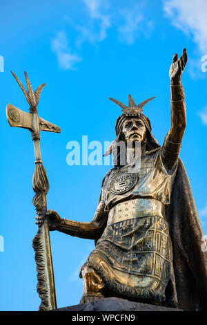 Statue of Pachacuti Inca, city of Cusco Plaza de Armas Cusco, Urubamba Province, Sacred Valley, Peru Stock Photo