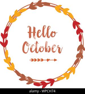 Hello october with ornate of leaves flower frame. Autumn october hand ...