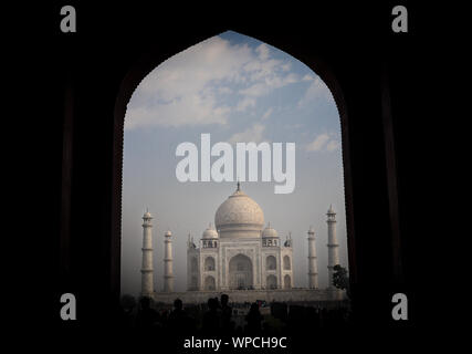 tajmahal image with blue sky background image taken at agra uttar pradesh india. It is one of the seven wonders of the world as well as UNSCO world he Stock Photo