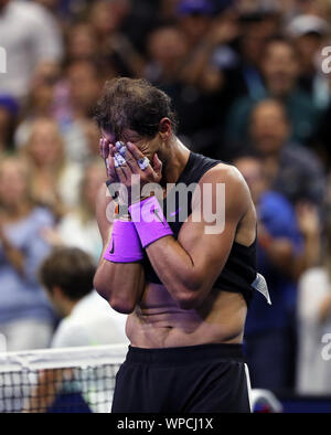 New York, United States. 08th Sep, 2019. Flushing Meadows, New York, United States - September 8, 2019. Rafael Nadal of Spain is overcome with emotion after defeating Daniil Medvedev in the men's final to win the US Open today. Credit: Adam Stoltman/Alamy Live News