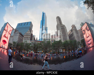 A wide angle, fisheye view of Jaume Plensa's popular Crown Fountain work of public art in Millennium Park, Chicago, Illinois. Stock Photo