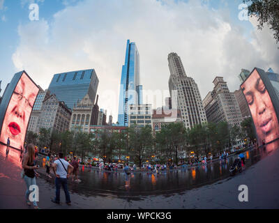 A wide angle, fisheye view of Jaume Plensa's popular Crown Fountain work of public art in Millennium Park, Chicago, Illinois. Stock Photo