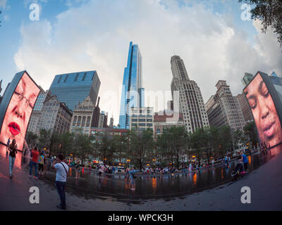 A wide angle, fisheye view of Jaume Plensa's popular Crown Fountain work of public art in Millennium Park, Chicago, Illinois. Stock Photo