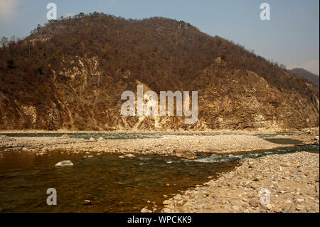 Confluence of Sarda and Ladhya rivers in Kumaon hills. This river junction was made famous by Jim Corbett in his book Maneaters of Kumaon Stock Photo
