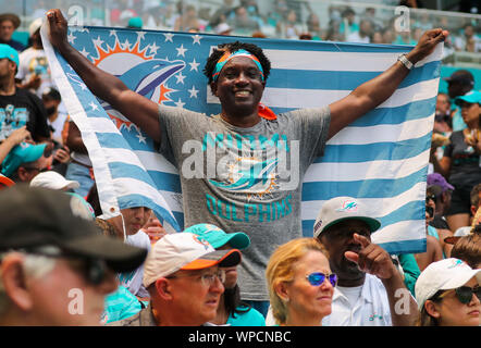 Miami Gardens, Florida, USA. 8th Sep, 2019. A Miami Dolphins fan show support for his team during an NFL football game between the Baltimore Ravens and the Miami Dolphins at the Hard Rock Stadium in Miami Gardens, Florida. Credit: Mario Houben/ZUMA Wire/Alamy Live News Stock Photo