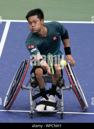 Flushing Meadow, New York, USA. 08th Sep, 2019. Shingo Kunieda, of Japan, returns a shot while competing in the wheelchair Men's Doubles Championship at the 2019 US Open Tennis Championships at the USTA Billie Jean King National Tennis Center on Sunday, September 8, 2019 in New York City.     Photo by Ray Stubblebine/UPI Credit: UPI/Alamy Live News Stock Photo