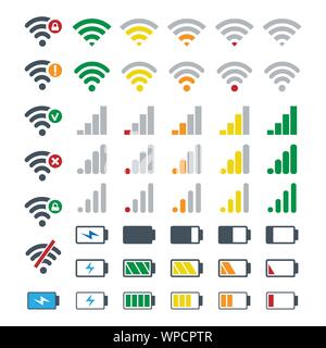 Phone gadgets battery and signal symbols. Mobile network, batterie signs, wireless wifi, energy icons, connection devices or smartphones system status Stock Vector