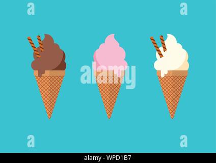 Chocolate vanilla and strawberry Ice cream in the cone. Vector illustration Stock Vector