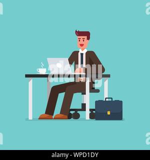 Business man working on a laptop computer at office desk. Vector illustration Stock Vector