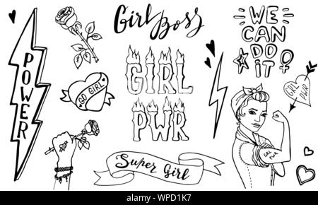 Girl power doodle quotes and illustrations. Grl pwr hand drawn set. Feminism lettering. Womens right. Girl Boss. Female badges and symbols. Vector illustration Stock Vector