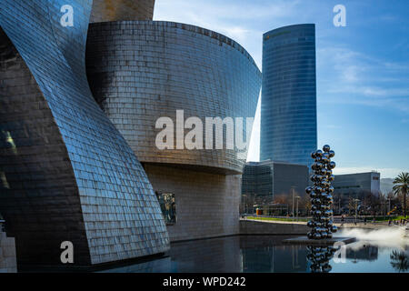 Beautiful modern architecture of Guggenheim Museum and Iberdrola Tower, Basque Country, Spain