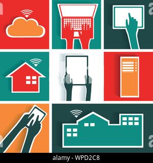 Realistic mobile and computer devices with laptop, monitor screen, tablet, mini tablet and smartphone showing Fingerprint Recognition Stock Vector