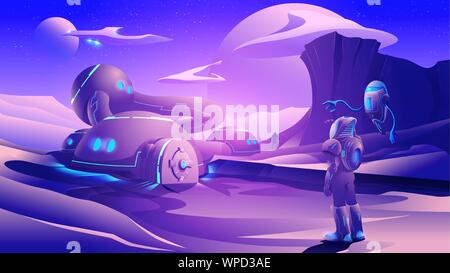 An illustration of sci-fi scene, astronaut fleet are exploring on a far-away planet in the universe. Spaceman mining or doing geological experimenting Stock Vector