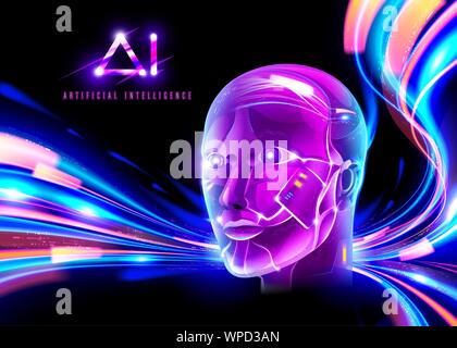 An ideal illustration of an AI technology in cyberpunk vivid color. Stock Vector