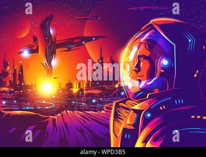 An illustration of sci-fi scene, astronaut fleet are exploring on a far-away planet in the universe. Spaceman mining or doing geological experimenting Stock Vector