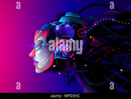 An ideal illustration of an female AI head in vivid gradient color Stock Vector
