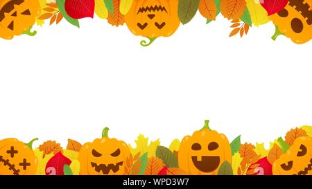 Autumn halloween background with pumpkins and scary faces grimaces, autumn colored leaves isolated on white background flat style design vector illust Stock Vector