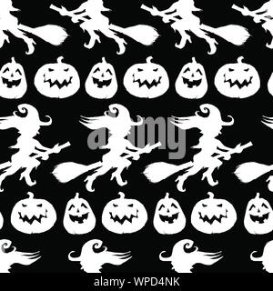 Vector black and white hand drawn halloween repeat pattern. Suitable for invitation card, halloween party poster or gift wrap. Stock Vector