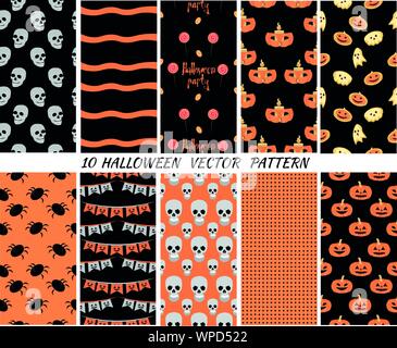 Set halloween seamless patterns. Pumpkins, skulls, sweets. Design for invitations or cards or wallpapers or gift wraps Stock Vector