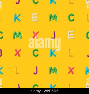 Seamless pattern with alphabet. Handmade modeling clay letters. Realistic 3d vector lettering background. Stock Vector