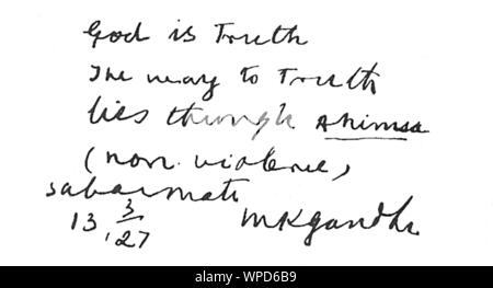 God is Truth quote by Mahatma Gandhi written, Gujarat, India, Asia, March 13 1927 Stock Photo