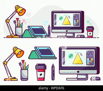 Digital Designer or Illustrator Lifestyle Line Icons Stock Vector