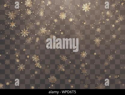 Golden snowfall. Christmas and New Year background. Frost Snow and Sunshine. Winter pattern with crystallic snowflakes. Vector illustration Stock Vector