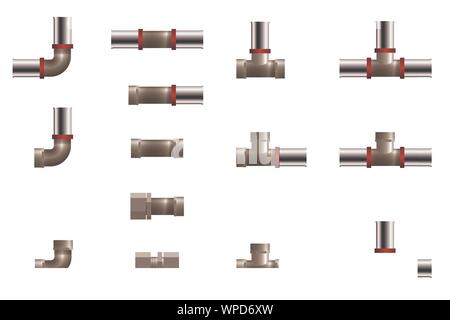 Fittings for melall and plastic pipeline. Vector illustration. Set of tee, angle and connector. Stock Vector
