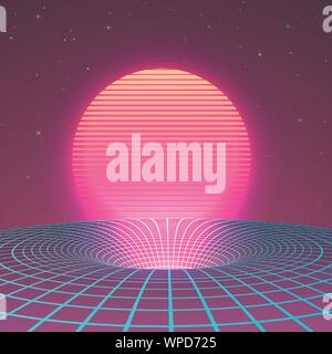 Black Hole in neon colors by 80s or 90s. Background or cover for retrowave electronic music style. Sci-fi poster template. Vector illustration Stock Vector