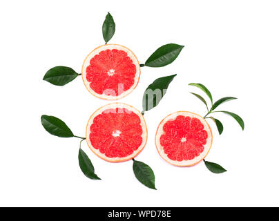 Citrus fruits isolated on white background. Pieces of pink grapefruit isolated on white background, with clipping path. Top view. Stock Photo