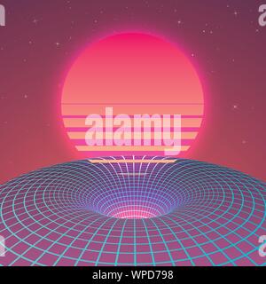 Warp space - Black Hole in neon colors by 80s. Background or cover for retrowave music style. Vector Stock Vector