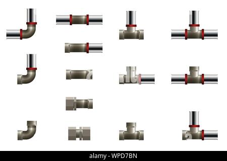 Fittings for melall and plastic pipeline. Vector illustration. Set of tee, angle and connector. Stock Vector