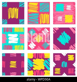 Set of seamless background with scribble lines in hand drawn style of green, yellow and red color. Endless texture can be used for wallpaper, pattern Stock Vector
