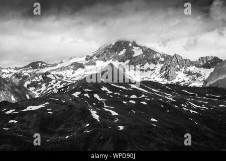 Glockner mountain massif. Großglockner. Grossglockner. Austrian Alps. Black white mountain landscape. Austria. Europe. Stock Photo