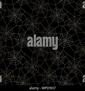 Minimal Gold Halloween Vector Seamless Pattern With White Spider Web on Black Background. Elegant Spooky Holiday Texture Perfect for Gift WRapping, Ho Stock Vector