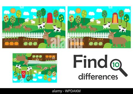 Find 10 differences, game for children, farm animals and garden cartoon, education game for kids, preschool worksheet activity, task for the Stock Vector