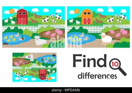 Find 10 differences, game for children, farm with animals cartoon, education game for kids, preschool worksheet activity, task for the development of Stock Vector