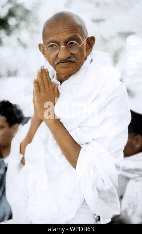 Mahatma Gandhi with folded hands namaste namaskar, Delhi, India, Asia, March 18, 1939, old vintage 1900s picture Stock Photo