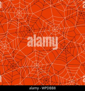 Minimal Halloween Vector Seamless Pattern With Black and White Spider Web on Orange Background. Elegant Spooky Holiday Texture Perfect for Gift Wrappi Stock Vector